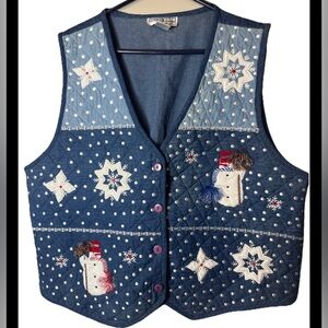 Holiday Festive Embroidered Vest 3X Denim Blue Jean Quilted Snowmen Flake vtg